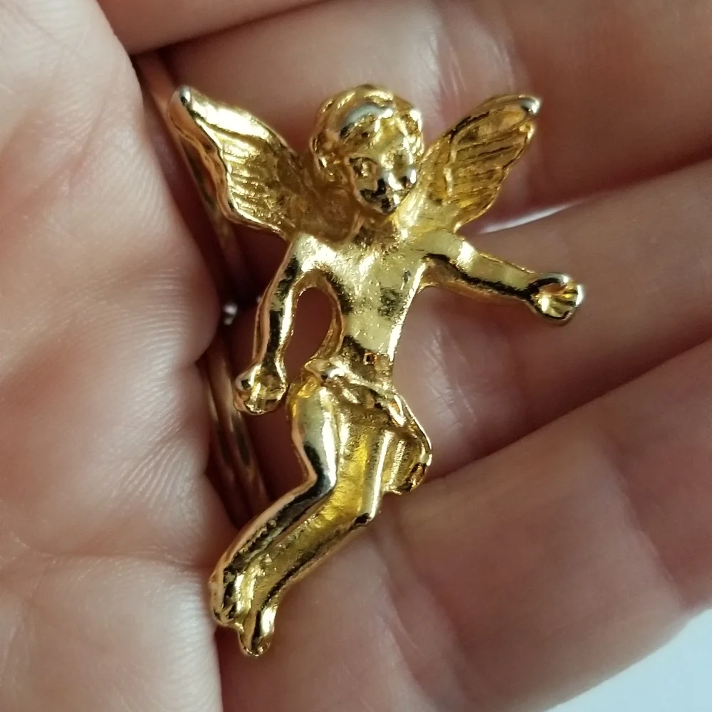 Relisted - Vintage angel brooch pin gold tone cherub on my shoulder religious - Picture 5 of 9